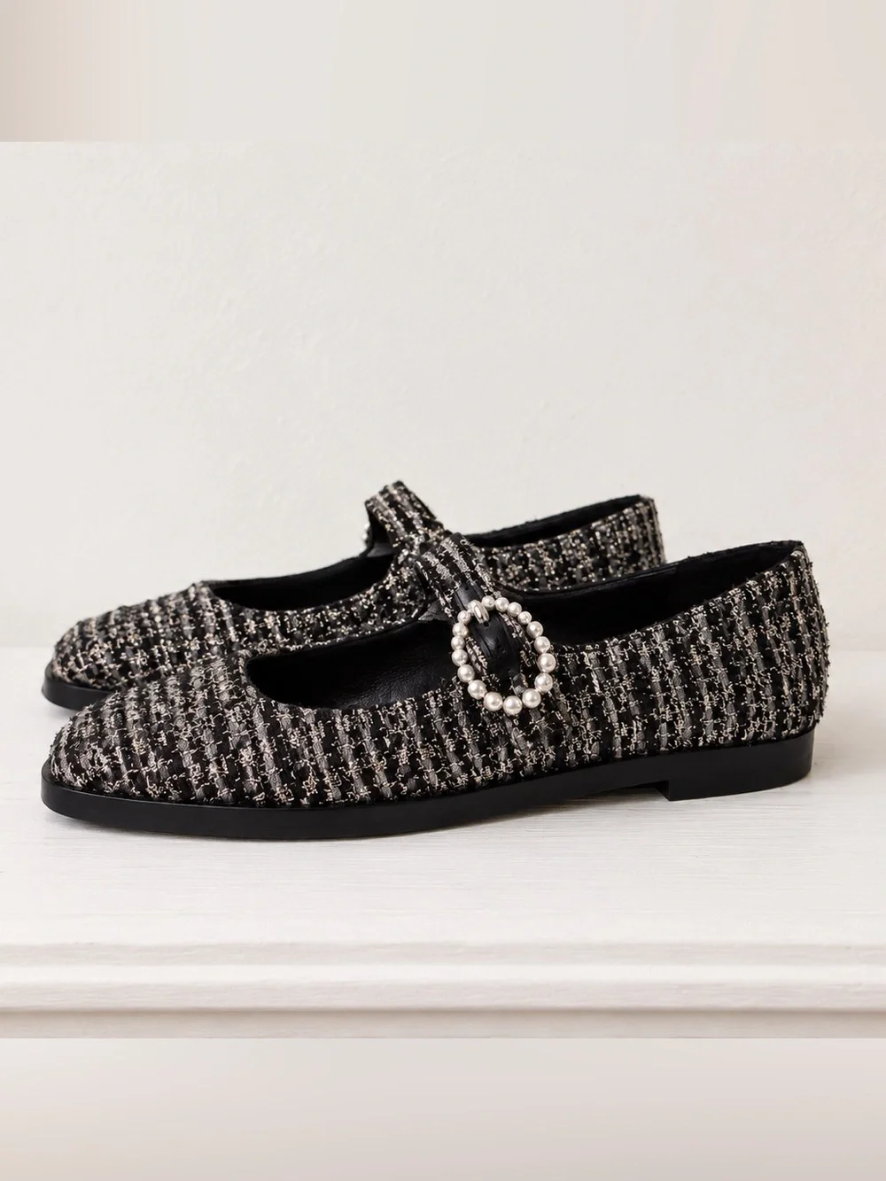 NEW! Stuart Weitzman Parisian Tweed Mary Jane Flats with Pearl Studded Buckle 7